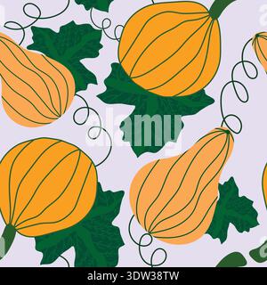 pumpkin and vines with leaves on light purple background seamless pattern. Orange pumpkins and vines seamless pattern. Good for fabric, clothing, tile Stock Vector