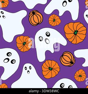 white ghost faces with orange colored pumpkins on purple background seamless pattern. Ghosts and orange pumpkins Halloween vector repeat pattern. Stock Vector