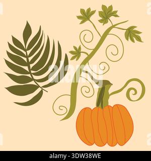 pumpkins bushes with leaves autumn illustration. Hand  drawn pumpkin stems with leaves and bushes, weeds hand drawn illustration. Stock Vector