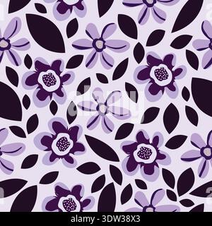 purple hand drawn flowers and leaves seamless vector repeat pattern. Purple floral tints and shade seamless pattern. Stock Vector