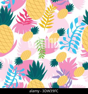 pineapples and tropical colorful abstract leaves seamless pattern. Pineapples with multicolor branches and pink pastel monstera leaves seamless patter Stock Vector