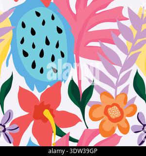 Blue dragon fruit, hibiscus, monstera, tulip and peonies tropical floral feast seamless pattern. Tropical fruit, flower and leaves seamless pattern. Stock Vector