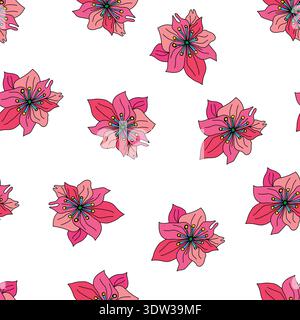 pink hand drawn black line art flowers on white background seamless pattern. Colorful pinkish flowers on white background seamless pattern. Stock Vector