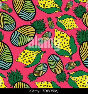 exotic lemons and pineapples tropical bold colored seamless pattern Stock Vector
