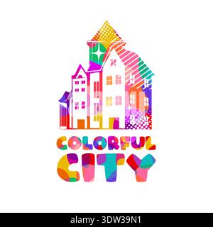 Colorful logo modern city skyline with skyscrapers in flat vector style on white background. Hand drawn Not AI, vector illustration. Stock Vector
