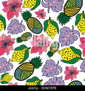 lemons, monstera leaves, colorful pineapple, pink flowers with intricate details and lot of colors seamless pattern. Good for tiles, decoration. Stock Vector