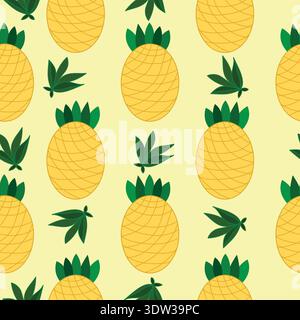 pineapple with green leaves on yellow background seamless pattern. Pineapples and green leaves seamless pattern. It is good for tiles, decoration. Stock Vector