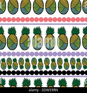 abstract pineapples with stripes colorful seamless pattern. Abstract colorful line art pineapples with colorful rounded stripes seamless pattern. Stock Vector