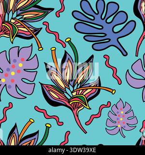 colorful tropical line art flowers and leaves with abstract pink spiral seamless pattern. colorful flowers with monstera leaves and rounded flowers. Stock Vector