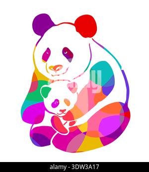 Mother panda with her baby object colored. Hand drawn. Not AI, vector illustration. Stock Vector