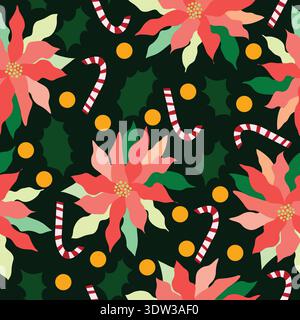 Seamless Christmas vector pattern with festive flowers, candy canes, and decorative golden balls. Ideal for holiday wrapping, greeting cards, textiles Stock Vector