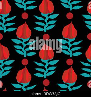 roses and polka dots on black background seamless pattern. red rose buds with red polka dots on black background seamless pattern. Stock Vector