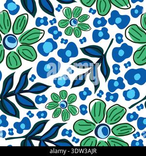 flowers and blue leaves abstract floral seamless pattern. Flowers and blue leafy branches with small bluish flowers on white background pattern. Stock Vector