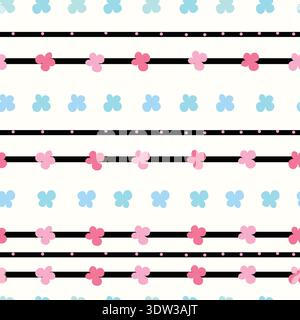 A seamless pattern featuring delicate floral stripes combined with simple polka dots on a clean white background. Good for fabric prints, gift wrap. Stock Vector