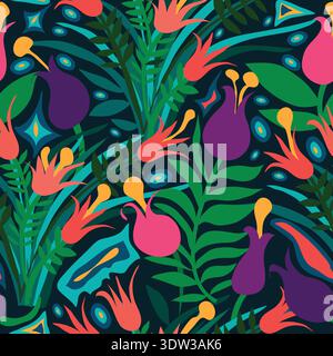 Grass, red tulips and purple tulips scattered in garden or meadow seamless pattern. Green grass with colorful flowers seamless pattern. Stock Vector