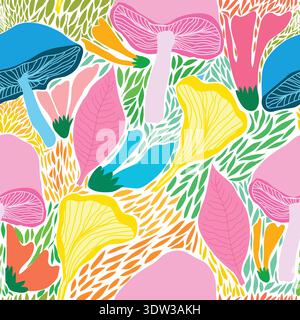Seamless botanical pattern with mushrooms and green leaves. Natural, rustic design ideal for textiles, wallpaper, wrapping paper, and garden-inspired Stock Vector