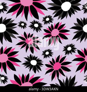 pink, gray, black flowers on purple background seamless pattern. pink, black, gray colored hand drawn spikey flowers seamless pattern. Stock Vector