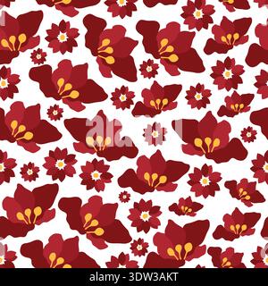 red flowers with yellow pollen hand drawn vector seamless pattern. Red flowers with pollen grains seamless pattern. Good for fabric, textile. Stock Vector
