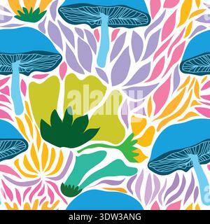 Abstract seamless pattern with pastel mushrooms and leaves. Soft, whimsical forest-inspired design ideal for textiles, wallpapers, wrapping paper. Stock Vector