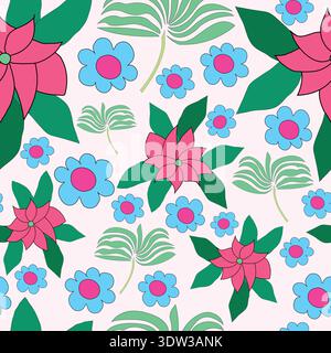 pink flowers, blue flowers with green leafy bush seamless pattern Stock Vector