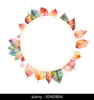 Round frame with watercolor autumn leaves. Hello autumn. Hand drawn. Not AI, vector illustration. Stock Vector