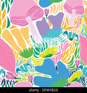 Pastel seamless pattern featuring mushrooms in a flower garden. Soft and whimsical botanical design perfect for textiles, wallpaper, wrapping paper. Stock Vector