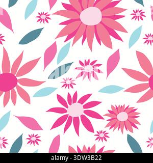 pink flowers with colorful simple leaves seamless pattern. Pink flowers with different tints and shade with colored leaves seamless pattern. Stock Vector