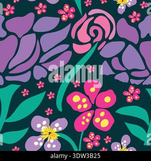 purple and pink hand drawn abstract flowers seamless pattern. colorful purple flowers with pink and purple small abstract floral art seamless pattern. Stock Vector