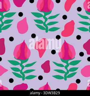 pink roses with petals and polka dots seamless pattern Stock Vector