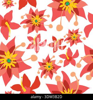 red hand drawn flowers seamless pattern. Red hibiscus, layered and textured flowers seamless pattern. Good for fabric, textile, decoration, wrapping. Stock Vector