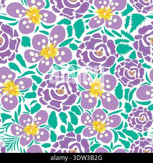 purple abstract layered flowers with green leaves seamless pattern. purple roses and rounded flowers with green leaves seamless pattern. Stock Vector