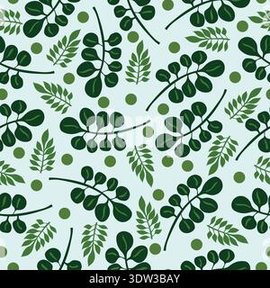 green rounded leaves and pointy leaves branches with green polka dots jungle theme seamless pattern. Green leafy branches and polka dots pattern. Stock Vector