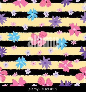 Yellow background abstract stripe pattern with black deconstructed lines, big pink, blue, purple flowers, scattered small blooms, and pastel hues. Stock Vector