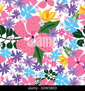 Dense abstract floral pattern with pastel-colored blooms, including fiery yellow flowers, with no spacing, creating a vibrant, whimsical flowers. Stock Vector