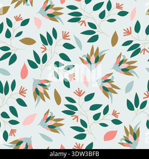 Seamless floral pattern with branches, leafy stems, budding elements, and decorative flowers featuring golden petals, vibrant green foliage. Stock Vector