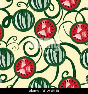A seamless watercolor style pattern featuring juicy watermelon slices, leafy shrubs and hand painted details. Ideal for fabric prints, summer themes. Stock Vector