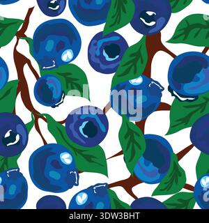 Seamless pattern of blueberries with green and brown branches on a white background. Natural, rustic design perfect for textiles, wallpaper. Stock Vector