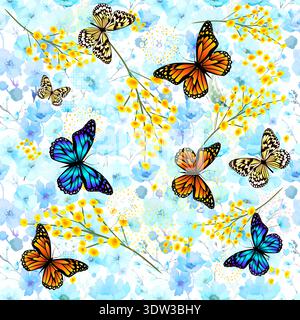 Seamless background with blue watercolor flowers mimosa and with butterflies. Hand drawn. Not AI, vector illustration. Stock Vector