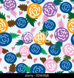 abstract roses with colorful leaves and red hearts seamless pattern. Roses with brush strokes seamless pattern with colorful leaves. Stock Vector