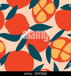 oranges and slices hand drawn rough art seamless pattern. Oranges with bluish leaves and orange slices vector seamless pattern. Good for fabric. Stock Vector