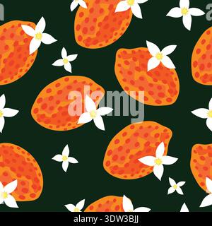 oranges, pink lemon, green branches, lemon flowers and bushes seamless pattern. orange colored lemons with white flowers on dark green background. Stock Vector