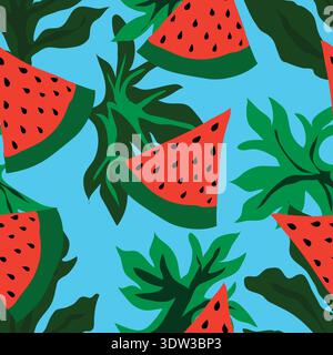 watermelon slices with big leaves seamless pattern. Good for fabric, textile, wrapping, decorations and fashion prints. Stock Vector