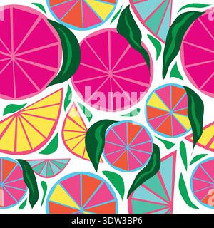 colorful citrus fruit slices seamless pattern with abstract leaves - vibrant summer background. ideal for use in textile design, stationary. Stock Vector