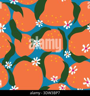 Seamless botanical pattern featuring ripe oranges, green leaves, and delicate white citrus blossoms. Fresh and vibrant design ideal for textiles. Stock Vector
