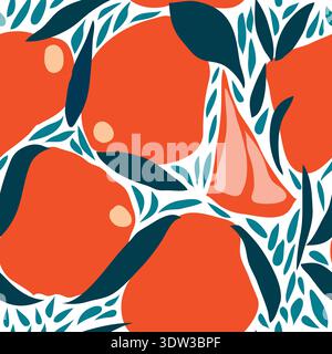 Modern abstract seamless pattern featuring stylized oranges with blue leaves and fine leafy textures. Bold, artistic fruit design ideal for fabric. Stock Vector
