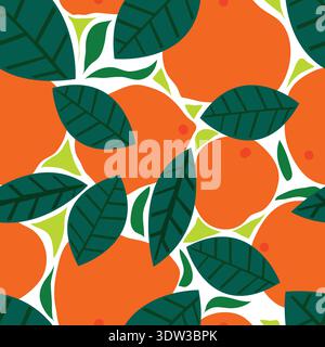 Seamless pattern of fresh oranges with green leaves on a clean white background. Vibrant citrus fruit design ideal for fabric, packaging, wallpaper. Stock Vector