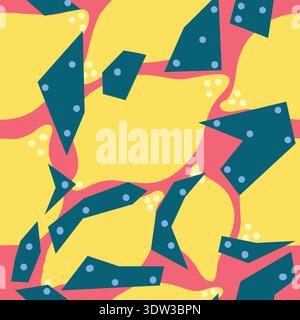 Seamless pattern of lemons with abstract geometric blue leaves on a pink background. Trendy and vibrant design perfect for textiles, wallpaper. Stock Vector