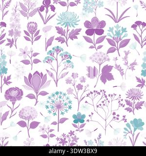 purple and light blue floral seamless pattern . Hand drawn. Not AI, vector illustration. Stock Vector