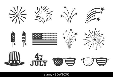4th of July Svg Bundle, 4th of July Silhouette, Fireworks Clipart, Fireworks Vector, 4th of July Sunglass, Flag, Firework, Rocket Silhouette. Stock Vector
