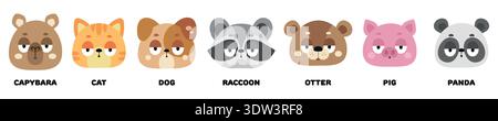 A collection of cute funny animal faces. Vector illustration in flat style isolated on a white background. Stock Vector